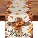 Croar Thanksgiving Christian Cross Dining Table Runner, Religious Fall Give Thanks Pumpkin Maple Leaves Burlap Kitchen Decoration, Autumn Farmhouse Indoor Outdoor Home Decor Party Supply 13 x 72 in