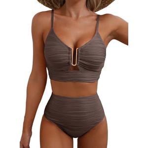 Herseas 2 Piece Bikini Set U-Wire Cutout Popular Swimsuit High Waisted Textured 2026 Summer Beach Swim Bathing Suits Medium