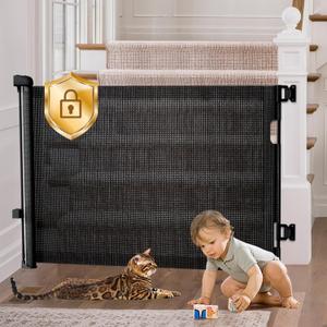 Retractable Baby Gates Hardware Mount for Stairs with Auto-Lock, 33" x 55" Mesh Double Locking Safety Baby Dog Pet Cat Gate for Doorways, Durable Child Gate for Hallways Kitchen Indoor Outdoor Black (33"Tall 55"Wide Drill)