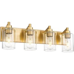4-Light Bathroom Light Fixtures, Brushed Gold Vanity Light with Cylinder Clear Glass Shade, Modern Vanity Lighting Fixtures Over Mirror, VL143-BG-4
