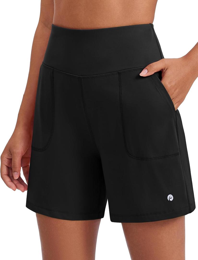 PINSPARK Women's Athletic Shorts 6" High Waisted Yoga Shorts with Pockets | Loose Fit No Liner Walking Shorts, 2 Deep Pockets, Soft & Stretch, High Rise, Casual/Running/Workout, Large 