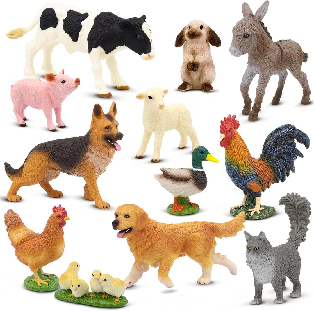 Beetots Farm Animals Toy Set, 12 Realistic Small Animal Figurines with Pets, Livestock, Poultry for Kids Ages 3+, Educational Learning Playset for Toddlers Boys Girls