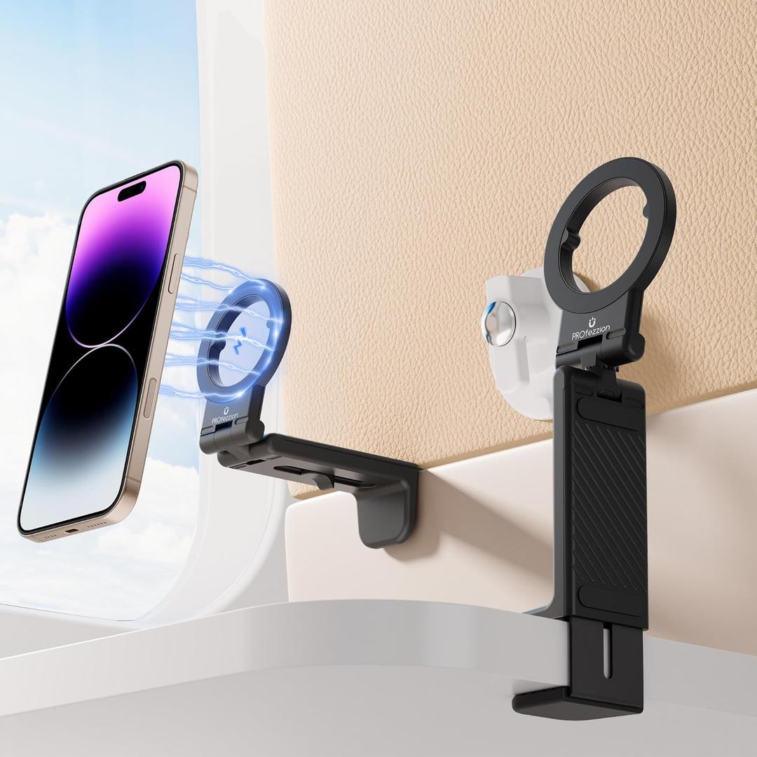 PROfezzion Magnetic Airplane Phone Holder for MagSafe iPhone 17, 16, 15, 14, 13, 12 & All Phones, Handsfree Plane Phone Mount for Seat Tray Table, Travel Essentials Must Have Accessories for Flying (Black)