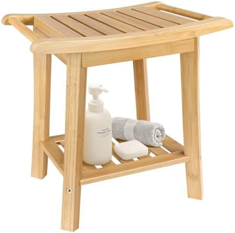 BFTOU 2-Tier Bamboo Shower Bench Small Shower Stool with Storage Shelf SPA Bathtub Shower Chair for Living Room Bedroom Bathroom, Natural