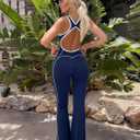 TDIFFUN Women Flare Jumpsuits Backless Workout Hollow One Piece Sleeveless Padded Unitard Sexy Gym Yoga Outfits (Blue, M)