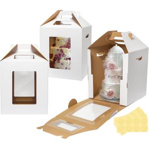 3 Pack Tall Cake Boxes for Tier Cakes 14x14x16 Inch Disposable Layer Tall Baking Carrier with Window Large Tierd Bakery Take Out Transport Containers with Handle for Wedding, Birthday, Party