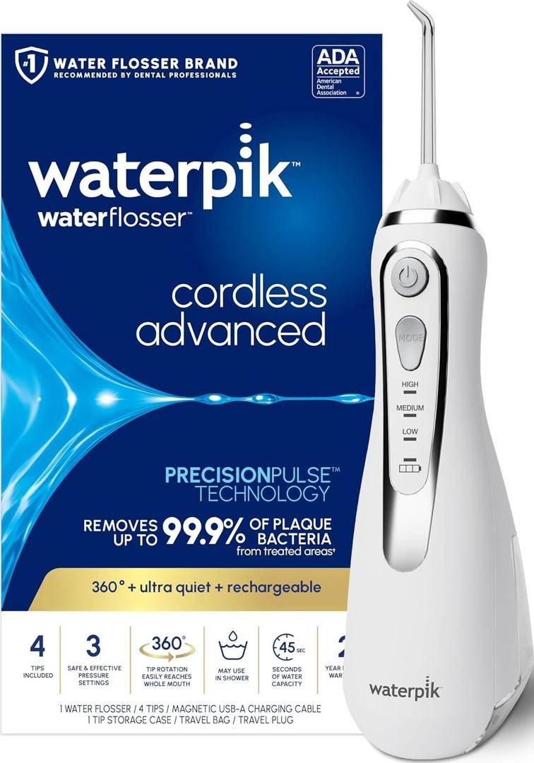 Waterpik Cordless Advanced 2.0 Water Flosser For Teeth, Gums, Braces, Dental Care With Travel Bag and 4 Tips, ADA Accepted, Rechargeable, Portable, and Waterproof, White WP-580