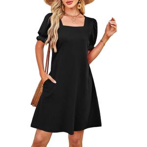 2 x RUMIA Summer Dresses for Women 2025 Casual Cute Square Neck Puff Short Sleeve Dress with Pockets (Blue, S)