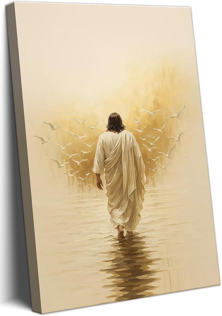 Jesus Walking On Water Canvas Wall Art, Jesus Dove Wall Art, Christian Bible Stories Canvas Wall Art Decor, Modern Religious Prints Artwork for Christian Church Prayer Room Living Room Bedroom 16x24in