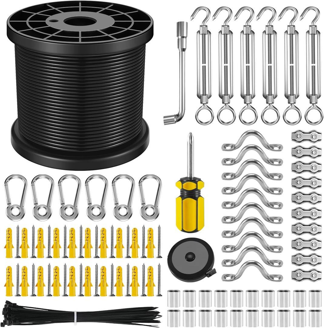 NEREUS String Light Hanging Kit with 200 Ft Vinyl Coated 304 Stainless Steel Cable, String Light Suspension Kit, Guide Wire with Turnbuckles and Hooks for Patio, Backyard Lighting Accessories