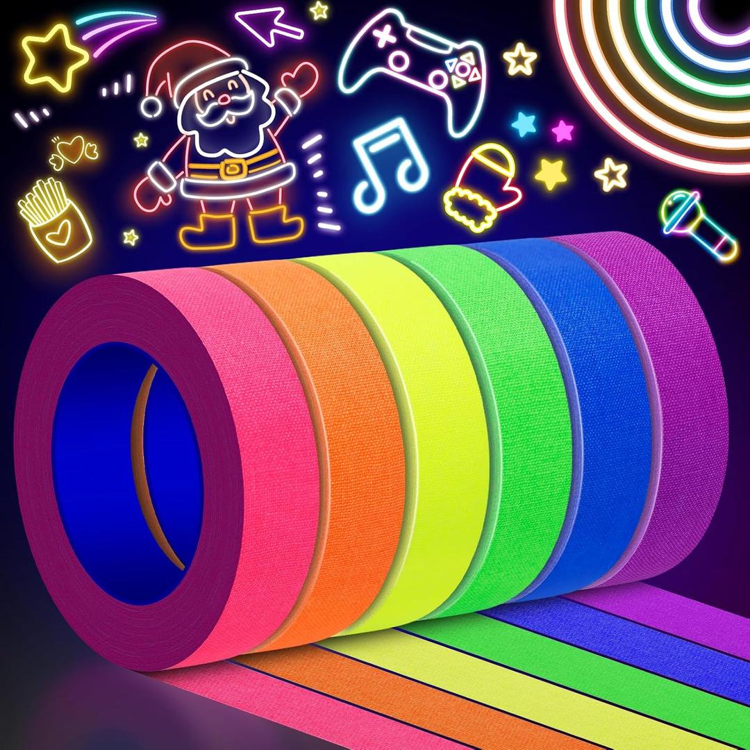 6 Colors Neon Gaffers Cloth Tape - 0.6 inch x 16.5 feet, Fluorescent Colors Blacklight Glow Tape for UV Party, Marking, No Residue 6 Pack (Requires UV/Blacklight, Not Glow-in-the-Dark)