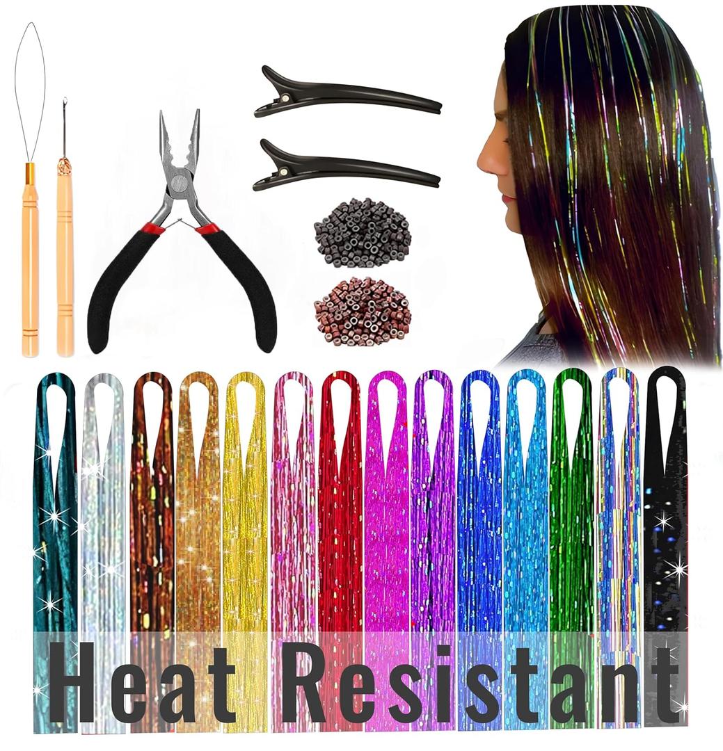 Andou | 14 Colors | Up To 6800 Strands | Heat Resistant Hair Tinsel Kit For Girls, Women & Kids | 48 Inch | One Wooden Threader & Crochet | One Plier | Two Hair Clips | Two Hundred Beads