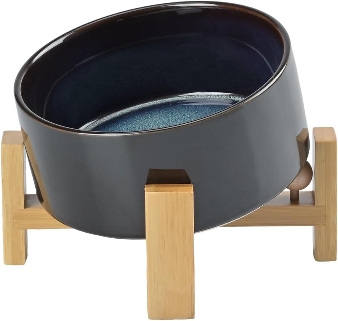 SPUNKYJUNKY 15 Slanted Ceramic Dog and Cat Bowl with Wooden Stand, Tilted Bulldog Food and Water Bowl No Slip Non-Spill for Cats Medium Dogs Big Face Pets 28.7 OZ (3.6 Cups, Starry Blue)