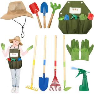 Jutom 11 Pcs Gardening Tools Set, Garden Tool for Kids Rake, Spade, Hoe, Leaf Rake, Garden Apron, Shovel, Hat, Gloves, Spray Bottle Digging Toys Backyard Toys Gift for Boys Girls Outdoor Gardening