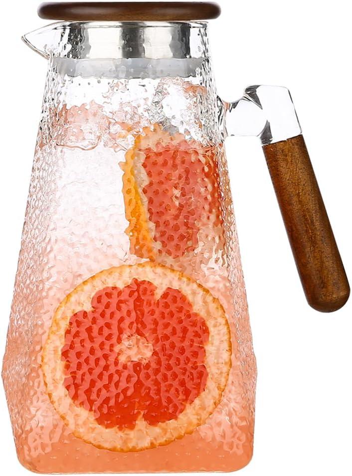 Borosilicate Glass Pitcher With Lid,1.8 Liter All-Purpose Heat-Resistant Carafe with Handle, for Iced Tea, Coffee, Juice, Milk, Fruit Infusions (Hot & Cold) (hammered texture, 60 oz)