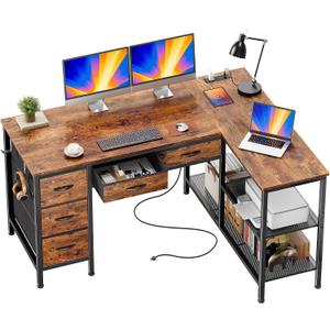 PRAISUN 47 Inch L Shaped Desk with Power Outlets, 5 Fabric Drawers