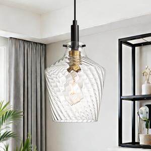 Modern Stripes Clear Glass Pendant Lighting for Kitchen Island 1 Pack, Farmhouse Black and Gold Pendant Light Fixtures, Height Adjustable Ceiling Pendant Light, 8 Inch