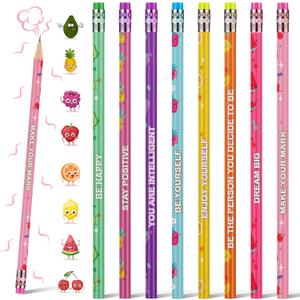 Leinuosen 48 Pcs Scented Pencils for Kids Cute Motivational Colorful Fun Wood HB Pencils Bulk with Erasers Fruit Elements for School Office Classroom Student