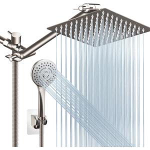 Shower Head Combo(Brushed Nickel),8 Inch High Pressure Rain Shower Head with 11 Inch Adjustable Extension Arm and 5 Settings Handheld Shower Head Combo,Powerful Shower Spray Against Low Pressure Water (8'' Showerhead Set)