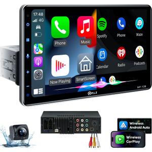 PLZ 10.1" Wireless Single Din Car Radio Stereo with Apple Carplay Android Auto Touch Screen, Car Play Audio Receivers Headunit, Bluetooth 5.3, Backup Camera, 240W, 2 Subwoofers, Navigation, FM/AM, SWC