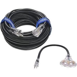 Clear Power Combo Pack 150ft 12/3 SJTW Black Outdoor Extension Cord w/Power Indicator Light & 2ft Black 3-Outlet Adapter w/Power Indicator Light, CP10223
