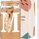 Glass Cups with Lids and Straws: Personalized Initial Glass Cup Be Used As Reusable Iced Coffee Cups with Lids,Cute Matcha Tumbler - The Christmas/Birthday Gifts for Women - M Smoothie Cup