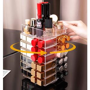 Sooyee 360 Degree Spinning Lipstick Organizer Holder 53 Spaces, Acrylic Cosmetic Display Cases for Lipstick, Brushes, Bottles, and More, Clear