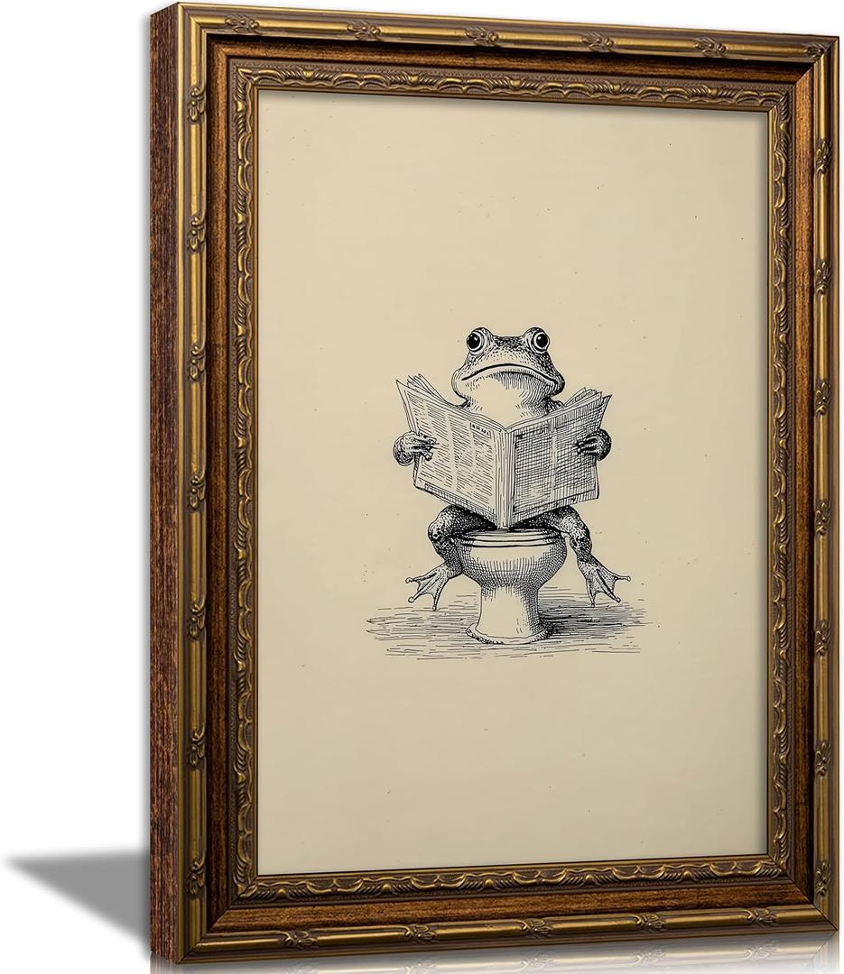 Vintage Gold Framed Funny Animal Bathroom Wall Art, Frog on the Toilet Reading Newspaper Wall Decor, Black White sketch Painting Canvas Prints, Interesting Minimalism Artwork for Bathroom Home Decor