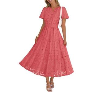 MEROKEETY Women's Summer Floral Maxi Dress 2026 Spring Boho Vacation Eyelet Lace Short Sleeve A Line Tiered Flowy Dresses M