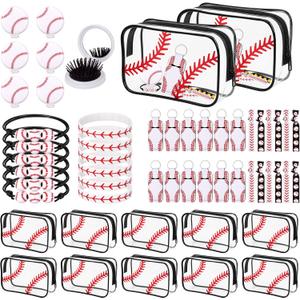 Remerry 60 Pcs Baseball Gifts Makeup Bag for Women Party Team Gifts with Sport Hair Ties Folding Mirror Hair Brushes Bracelets Lip Balm Holder Keychain