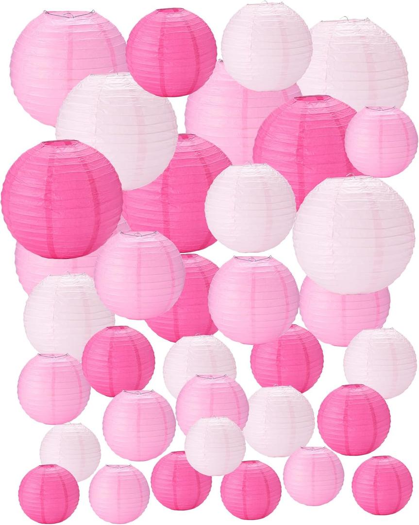 Treela 48 Pcs Paper Lanterns Party Decorations Chinese Round Paper Decor 4/6/8/10 Inch Asian Hanging Lamps Decorative for Birthday Party Wedding Bridal New Year Christmas Supplies(Pink Series)