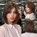 Heat Resistant Human Hair Wigs Short Straight Bob Brown Hair with Curtain Bangs Lightweight Natural Look for Women Daily Wear (Brown,12inch)