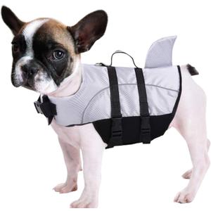 Queenmore Ripstop Dog Life Jacket Shark Life Vest for Dogs, Safety Lifesaver with High Buoyancy and Lift Handle for Small and Medium Breeds Grey, Small