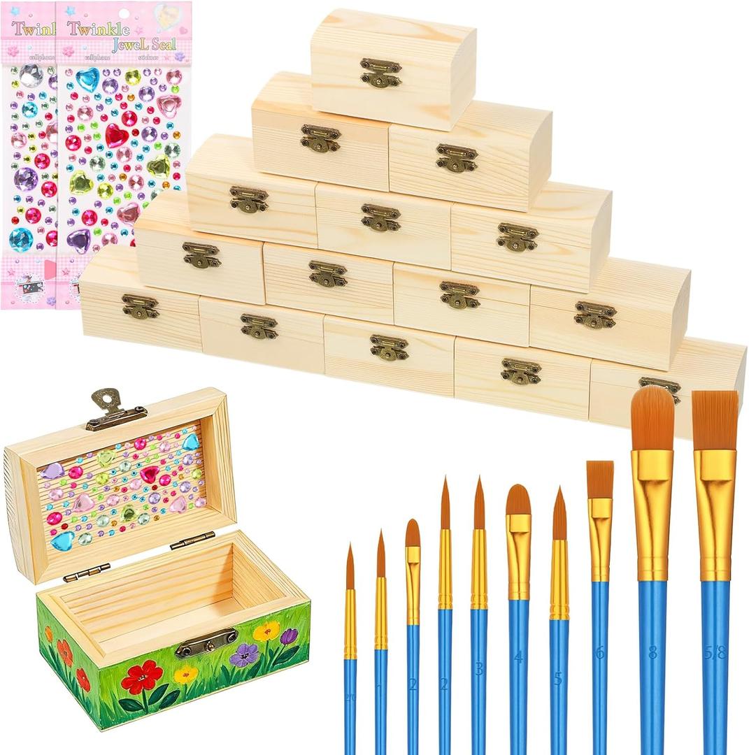 15 Pcs Small Wooden Boxes with Hinged Lids 3.5 x 2.2 x 2 Inch Unfinished Unpainted Wood Box Front Clasp Lockable Wooden Treasure Box, 20 Pcs Paint Brushes with 2 Sheets Craft Gems for Keepsake Boxes