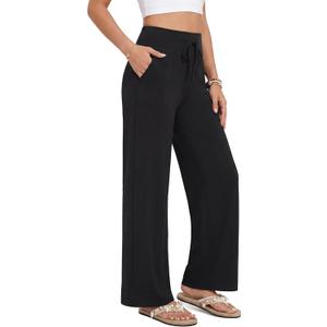 ZOOSIXX Capri Pants for Women - Wide Leg Loose Casual Trousers with Pockets Summer High Waisted Drawstring Pants (Black, M)