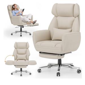 GABRYLLY Office Criss Cross Chair with Footrest, Big and Tall Executive Chair with Wide Seat,Reversible Armrest,Wheels, Lumbar Pillow and 120°Tilt,Computer Desk Chair for Gaming,Meditation,Ivory