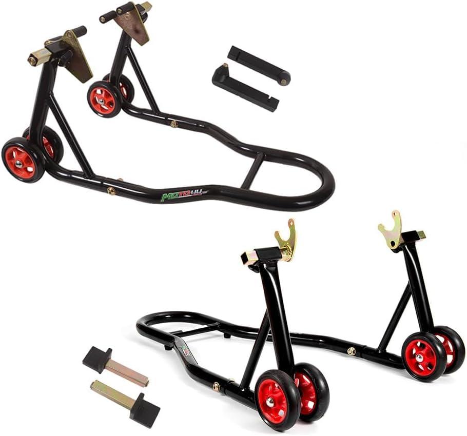 MOTO4U Motorcycle Front & Rear Stand, Front Rear Combo Stand Universal Wheel Lift Stand Swingarm Spool Lift Stand Paddock Stand (Red Wheel)