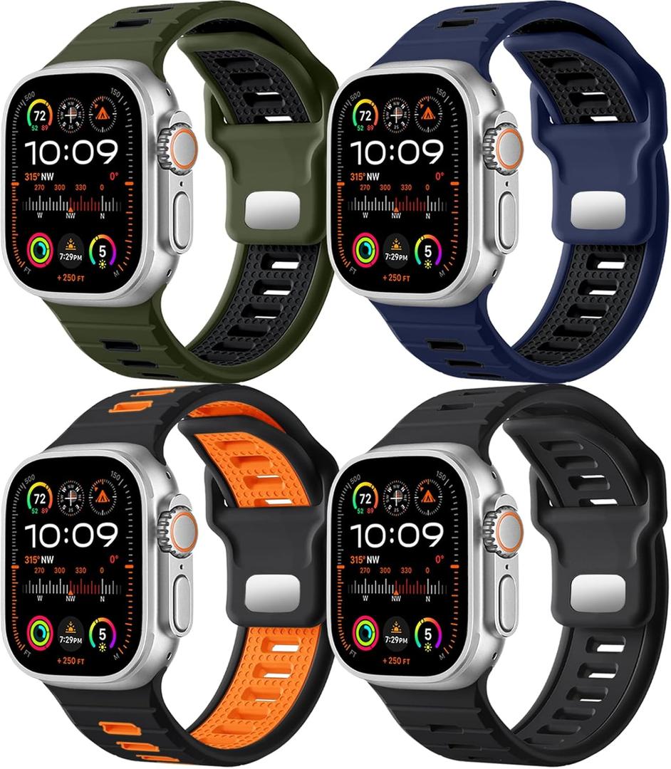 Odbeai 4 Pack Sport Bands Compatible with Apple Watch Ultra 2 3/Ultra Band,Compatible with Apple Watch Bands for Men 49mm 46mm 45mm 44mm 42mm,Silicone Strap for iWatch Bands Men Series SE 11 10 9 8-1 (Black/Orange+Army Green/Black+Midnightblue/Black+Black)