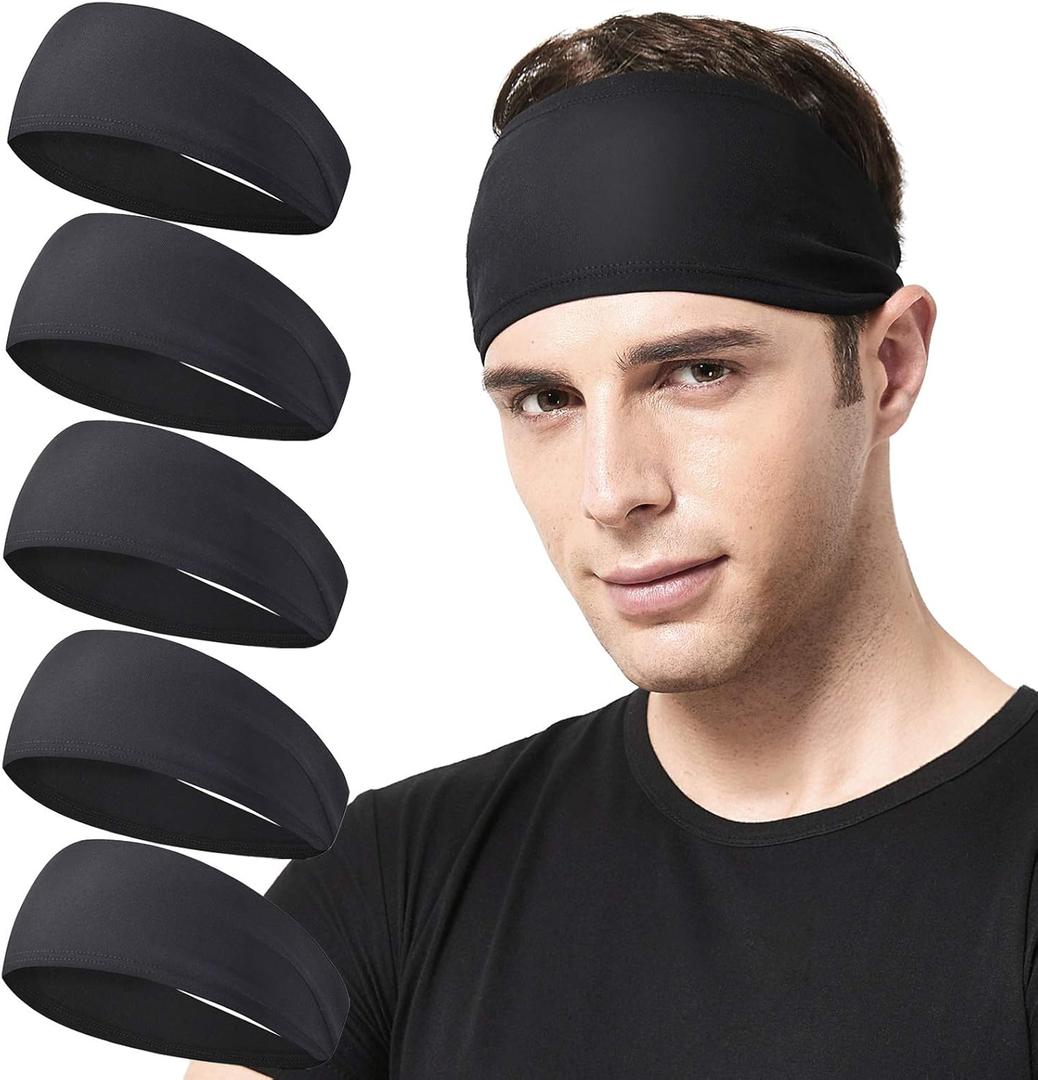 Mens Running Headband,5Pack,Mens Sweatband Sports Headband for Running,Cycling,Basketball,Yoga,Fitness Workout Stretchy Unisex Hairband (5 Black)