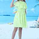 Girls Summer Hawaiian Dress Floral Halter Neck Cold Shoulder Sleeveless Beach Sundress 1-12 Years (Green)