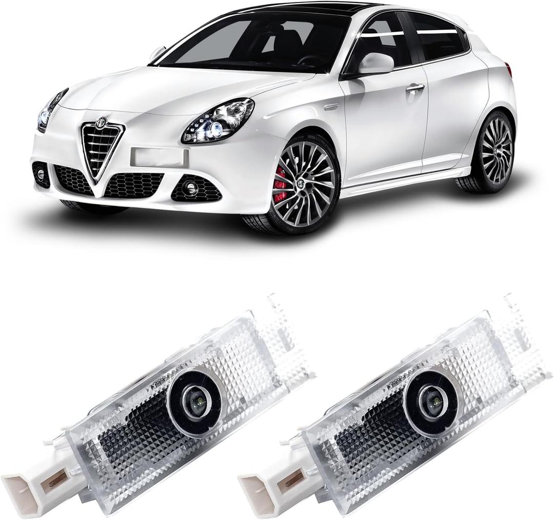 Never Fade Alfa Romeo Door Light Logo, Projection Ghost Shadow Welcome Puddle Light Compatible with Stelvio Mito Giulietta Giulia 147 159 Accessories (White Letter)