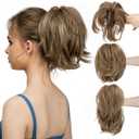 CJL HAIR Claw Clip Short Ponytail Hair Extensions Bendable Metals Messy Bun Hair piece Wavy Curly Fake Hairpieces Brunette/Ash Blonde