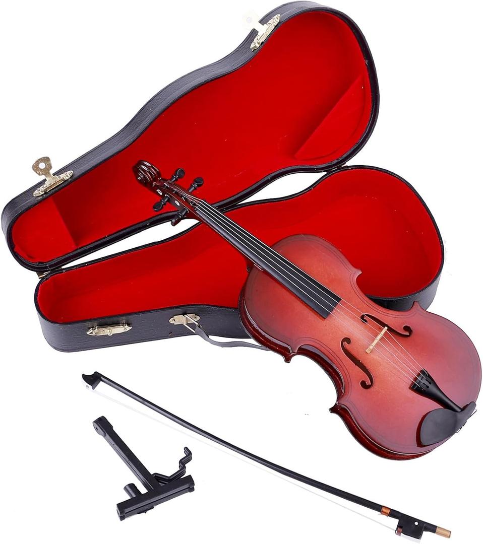 Wooden Miniature Violin with Stand, Bow and Case Mini Musical Instrument Violin Replica Collectible Figurines Dollhouse Accessories Model Home Decoration Display Ornament (9.84"x3.54"x1.51")