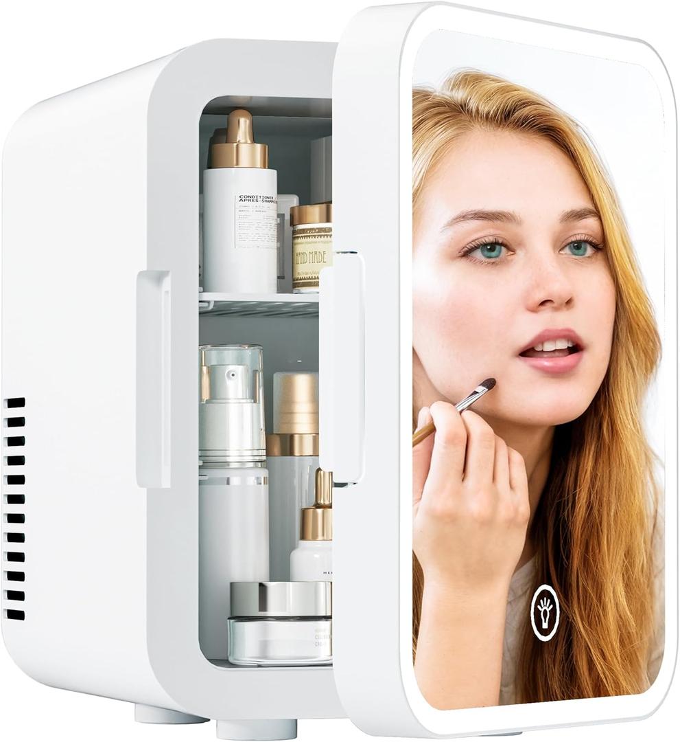 EUHOMY Skincare Fridge, 5 Liter Mini Fridge for Bedroom with Dimmable LED Mirror, AC/DC Portable Cooler & Warmer for Skincare, Cosmetics and Food, Makeup Fridge for Bedroom, Car & Office, White