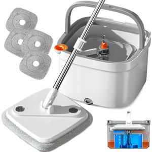 KZKR Spin Mop and Bucket Set with Self Separation Dirty and Clean Water System, Self Wringing 360 Rotating Square Mop Head for Home Floors Cleaning (1.0 Mop and Bucket Set (4 Pads)) (1.0 Mop and Bucket Set (4 pads))