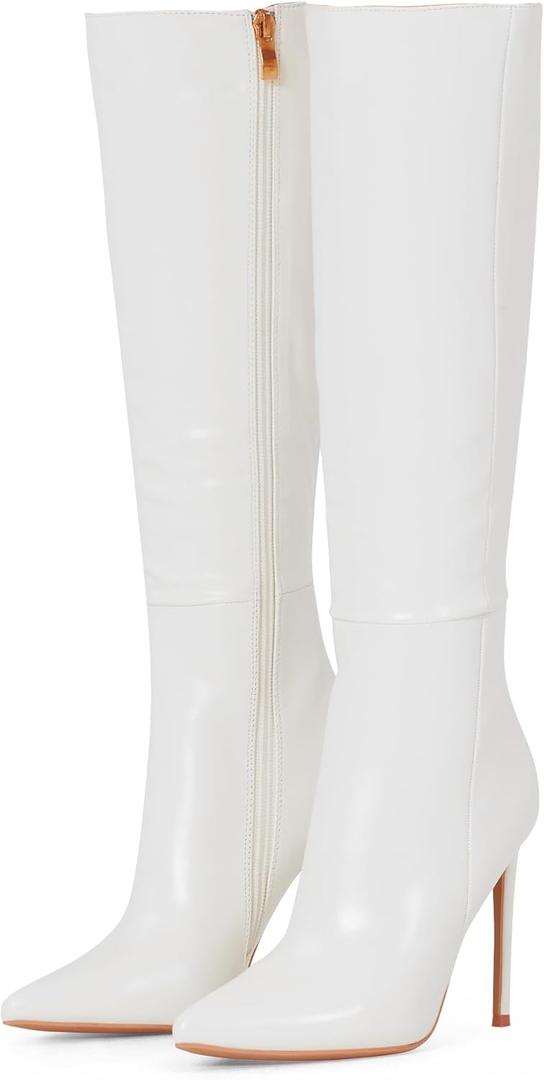 Elisabet Tang 4 inch Women's Knee High Long Boots, Stiletto Tall Pointed Toe Heeled Boot Leather Suede Comfortable Sexy (9.5)