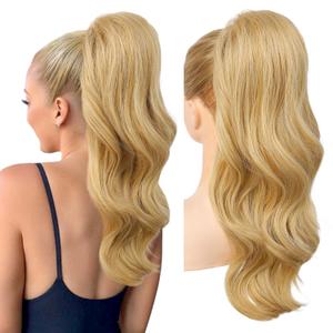 REECHO Ponytail Extension, Drawstring Ponytail Extension Long Wavy Layered Pony Tails Hair Extensions 22inch Natural Clip in Synthetic Hairpiece for Women, Golden Blonde with Highlights