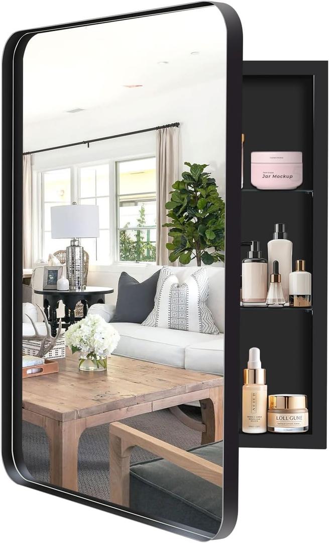 17" x 25" Black Bathroom Medicine Cabinet with Mirror, Recessed Medicine Cabinet with Round Corner & Aluminum Alloy Framed, Surface Mount Storage Cabinet for Bathroom | 2 Adjustable Glass Shelves