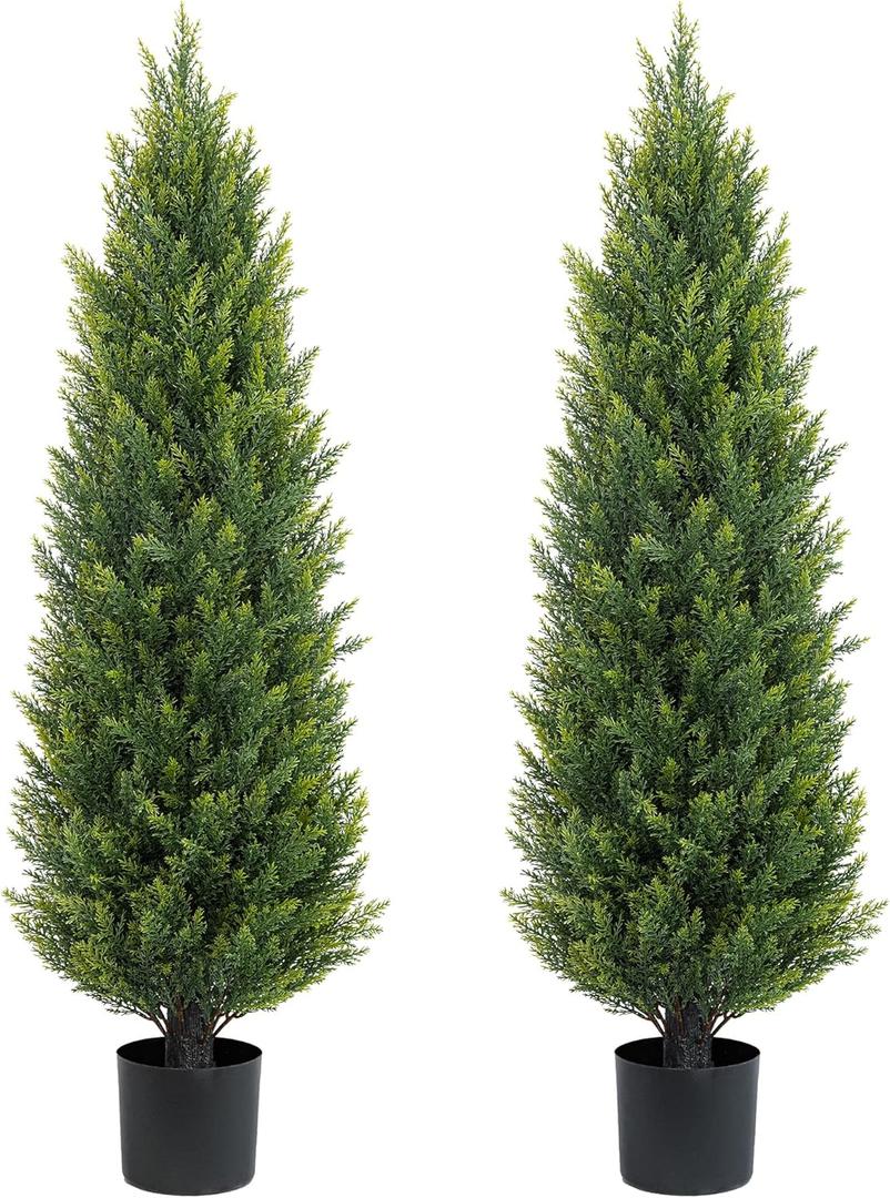 Two 4ft Artificial Topiary Tree Fake Bushes Potted Plants UV Resistant Faux Cedar Trees Artificial Outdoor Shrubs for Front Porch Garden (48 Inch)