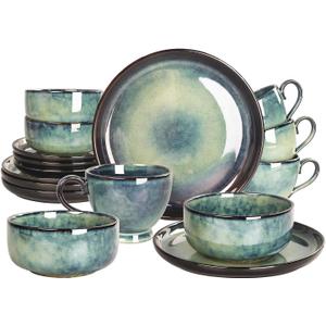 Ceramic Dinnerware, 16 Pcs, Serve 4 people, Plates and Bowls Sets,Handmade Reactive Glaze Dishes Set,Chip Resistant and Scratch Resistant,Dishwasher, Microwave Safe
